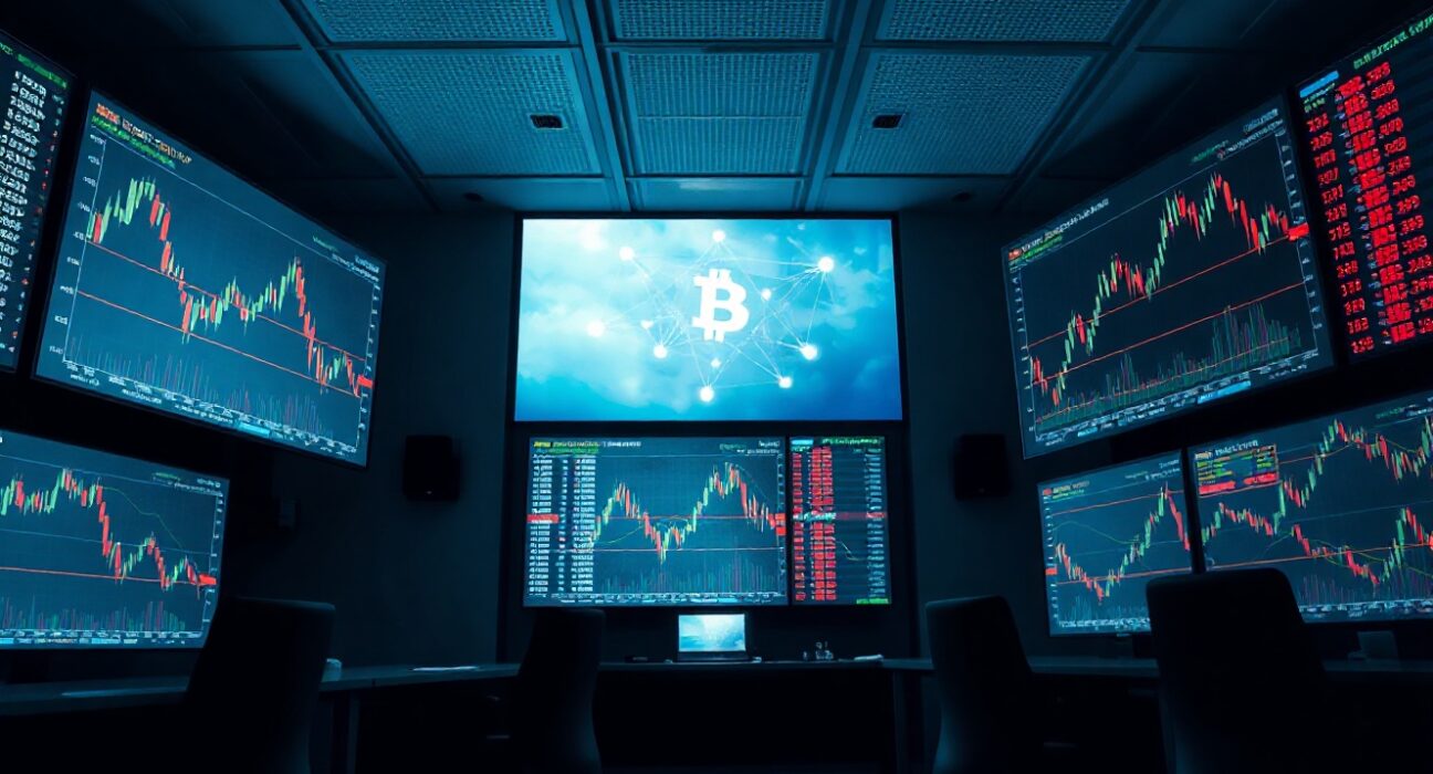 Trading monitors with cryptocurrency charts in a professional trading floor setting