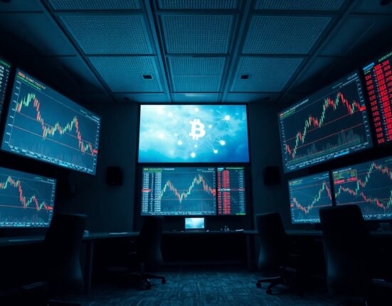 Trading monitors with cryptocurrency charts in a professional trading floor setting