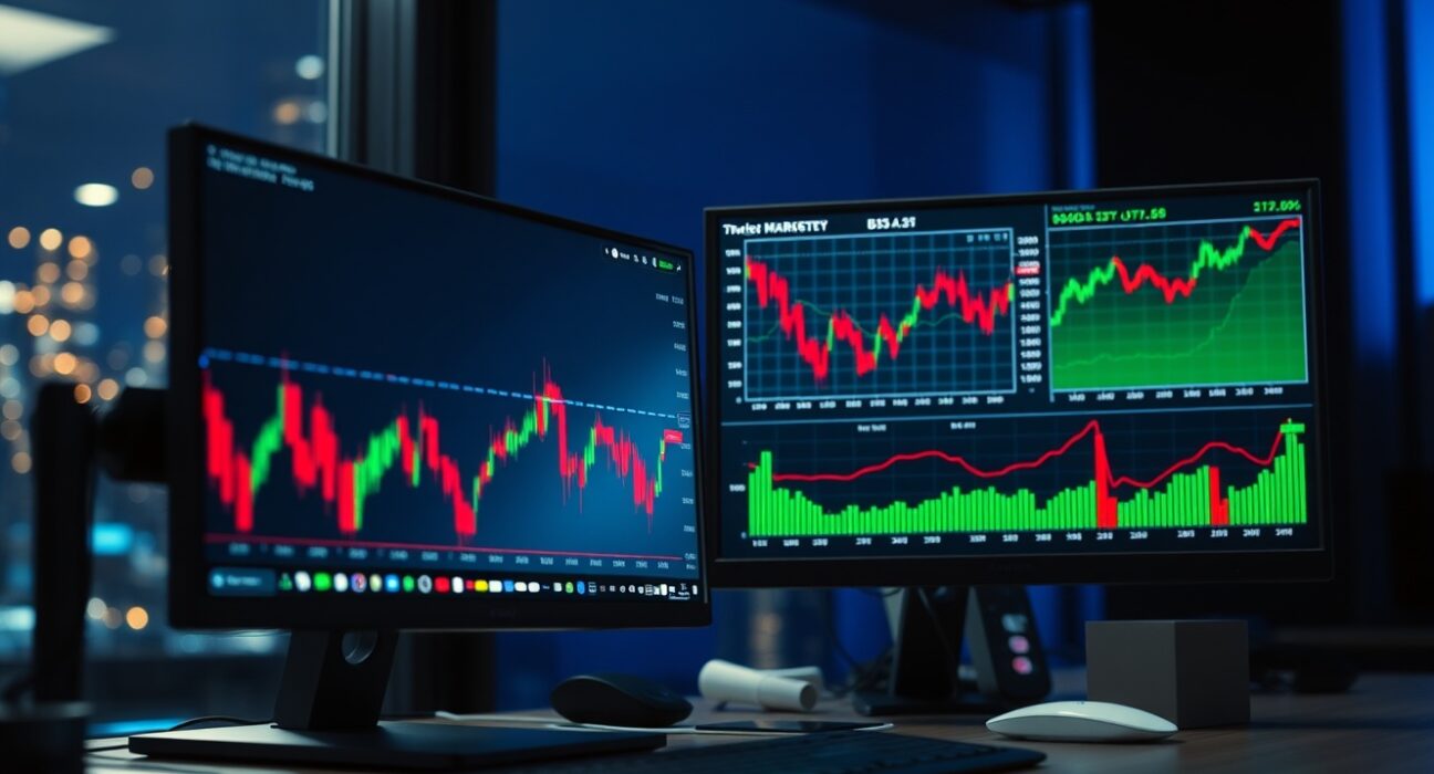 Professional trading desk with cryptocurrency and stock market charts on monitors