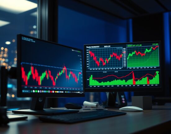 Professional trading desk with cryptocurrency and stock market charts on monitors