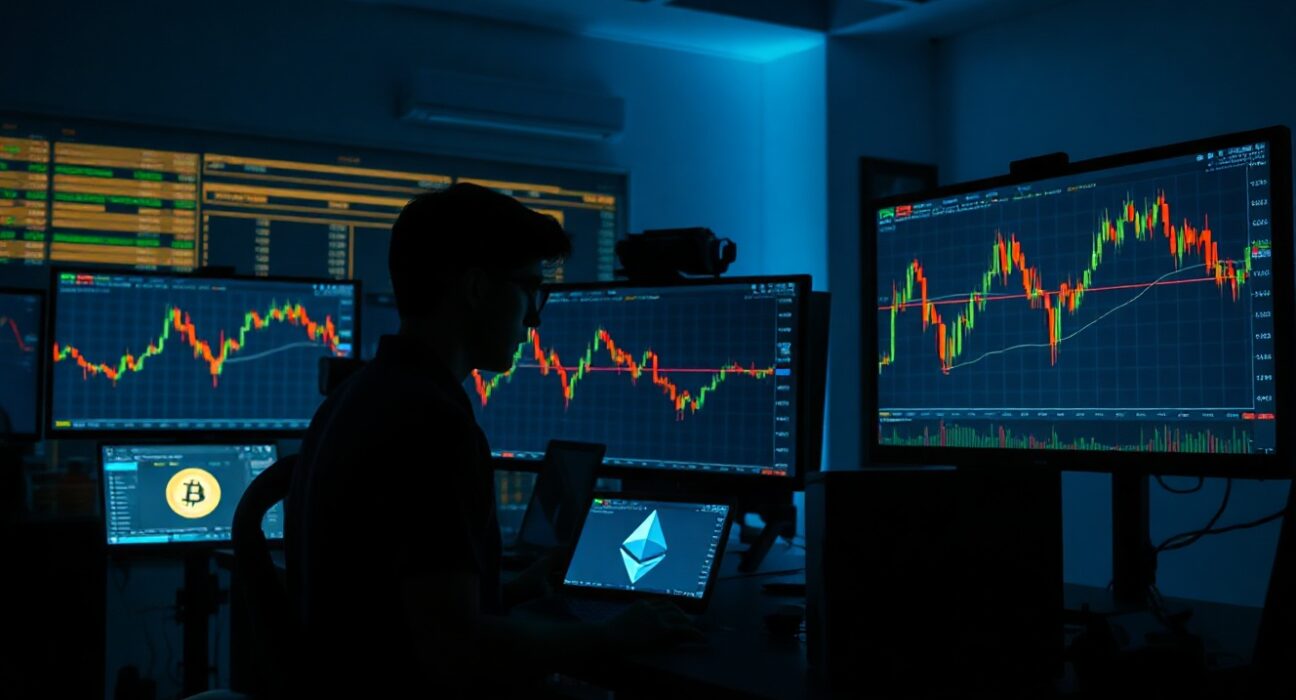 Cryptocurrency trading desk with monitors showing range-bound Bitcoin and Ethereum charts, representing a deleveraged market with weak demand.