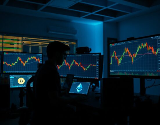 Cryptocurrency trading desk with monitors showing range-bound Bitcoin and Ethereum charts, representing a deleveraged market with weak demand.