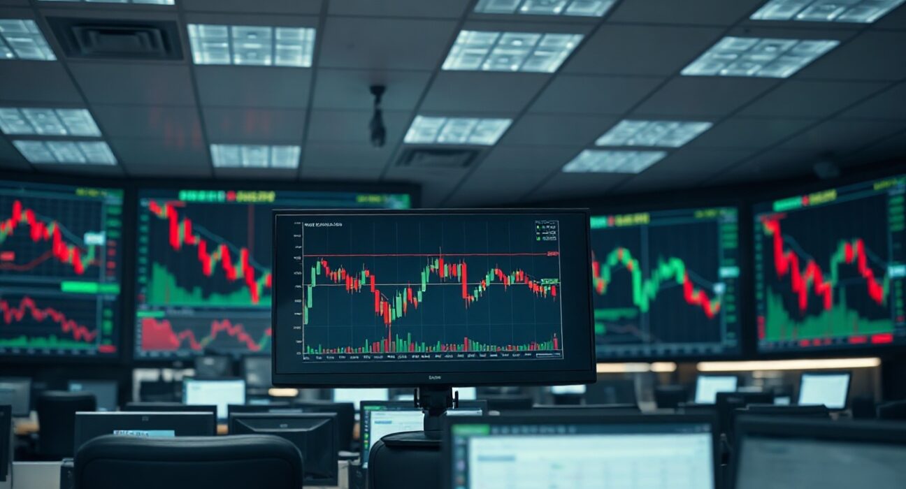 Bitcoin price chart on a trading floor monitor showing a downward trend in a dimly lit office