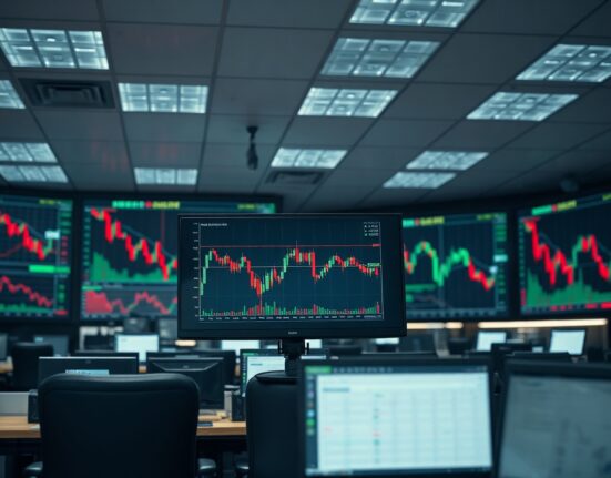 Bitcoin price chart on a trading floor monitor showing a downward trend in a dimly lit office