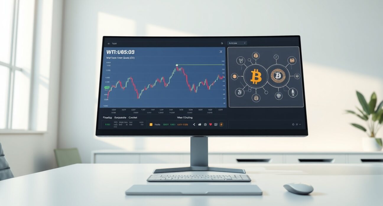 Wintermute's new crypto-backed WTI oil CFD trading platform interface on a professional monitor.