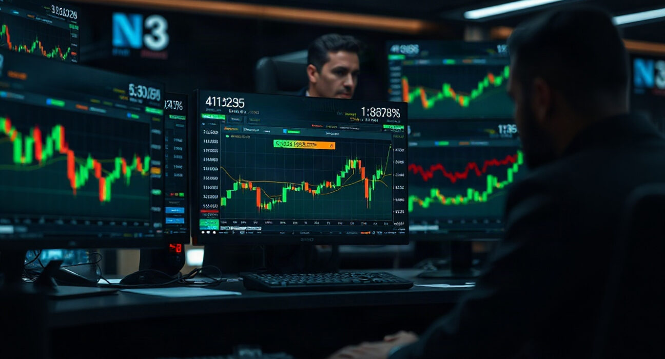Trading desk with multiple monitors showing crypto charts and on-chain data, representing market maker activity.