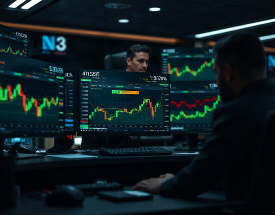 Trading desk with multiple monitors showing crypto charts and on-chain data, representing market maker activity.