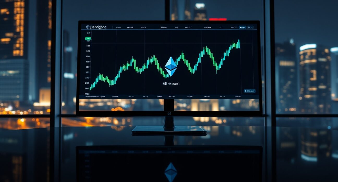 Ethereum price chart on a monitor at a professional trading desk with a night city skyline in the background.