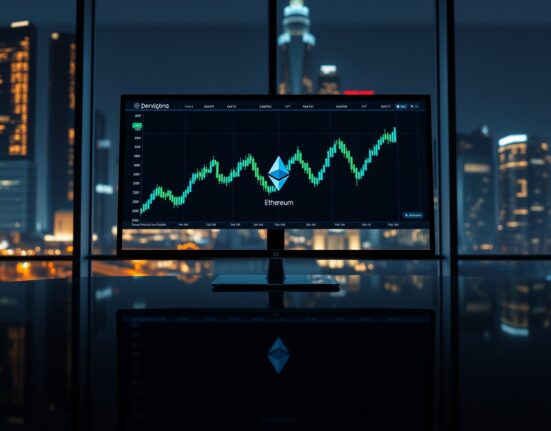 Ethereum price chart on a monitor at a professional trading desk with a night city skyline in the background.