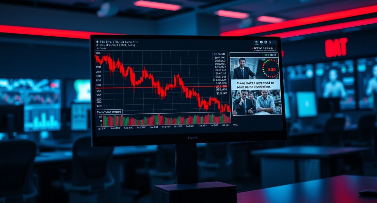 Trading desk monitors showing Ethereum price charts with downward trend and market news