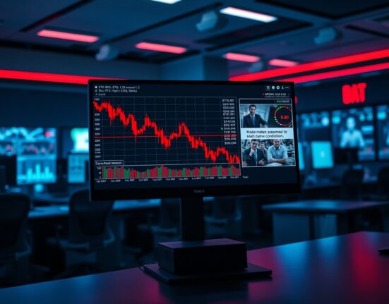 Trading desk monitors showing Ethereum price charts with downward trend and market news