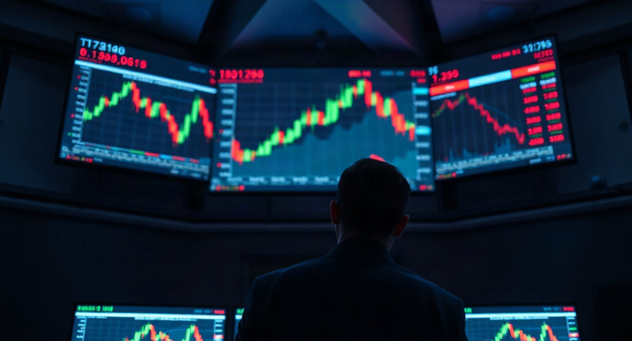 Trader monitoring crypto charts on multiple screens in a dark trading room
