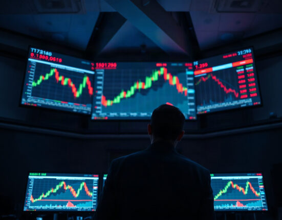 Trader monitoring crypto charts on multiple screens in a dark trading room