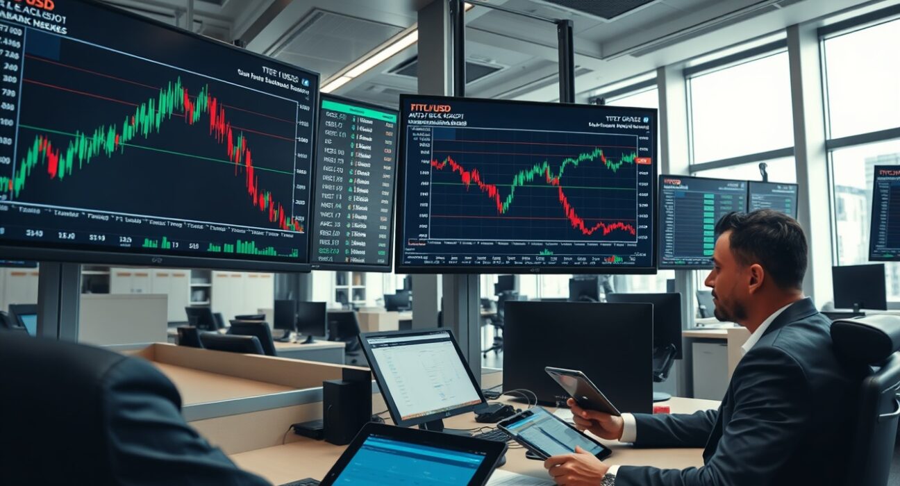 Trading floor with monitors showing crypto charts and institutional traders analyzing data
