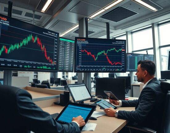 Trading floor with monitors showing crypto charts and institutional traders analyzing data
