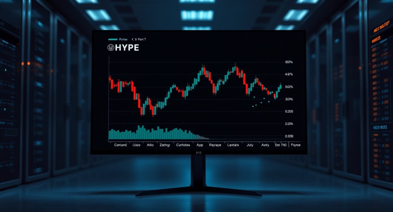 A digital trading screen showing a declining candlestick chart for HYPE with fading data nodes, representing a liquidity withdrawal.