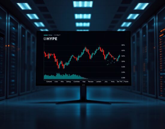 A digital trading screen showing a declining candlestick chart for HYPE with fading data nodes, representing a liquidity withdrawal.