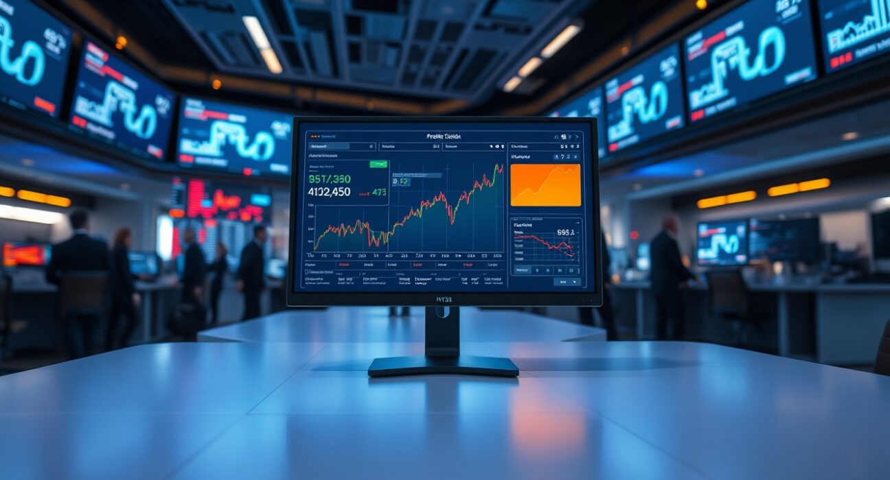 A trading desk monitor displaying prediction market data charts in a modern financial office.