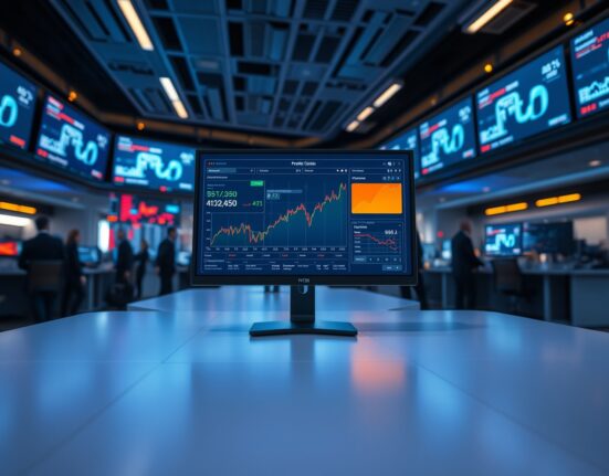 A trading desk monitor displaying prediction market data charts in a modern financial office.