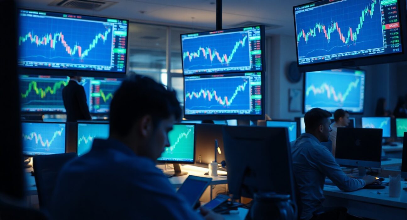 Professional trading desk with crypto charts and market data screens in a modern office