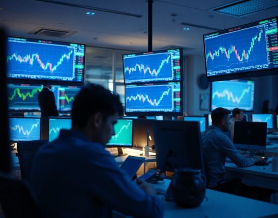Professional trading desk with crypto charts and market data screens in a modern office