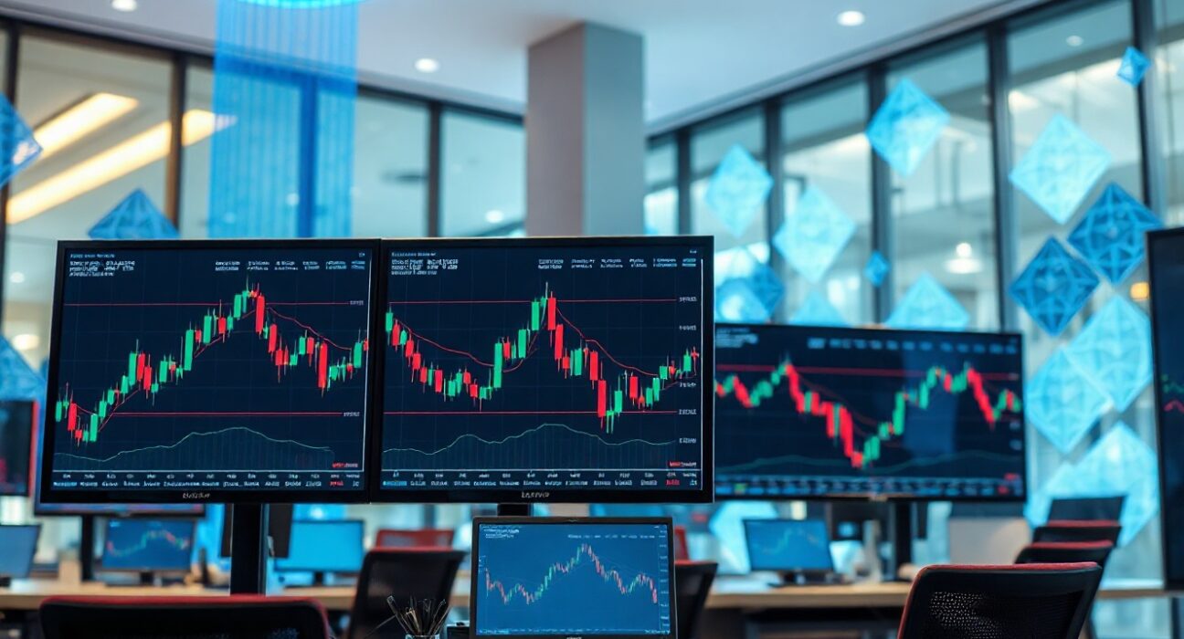 Wintermute trading desk with crypto and stock charts on screens in a modern financial office