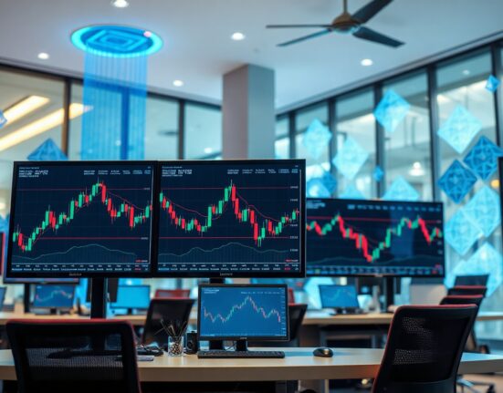 Wintermute trading desk with crypto and stock charts on screens in a modern financial office