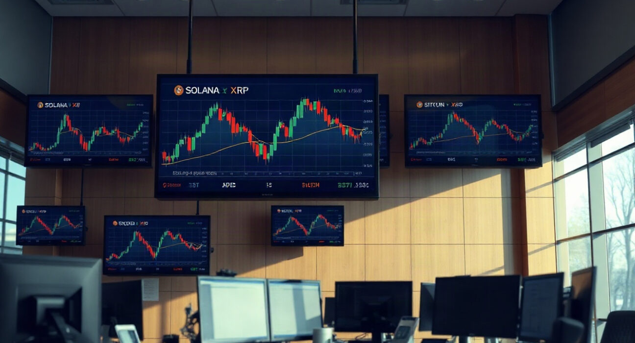 Trading floor screens showing Solana and XRP charts with Bitcoin in background