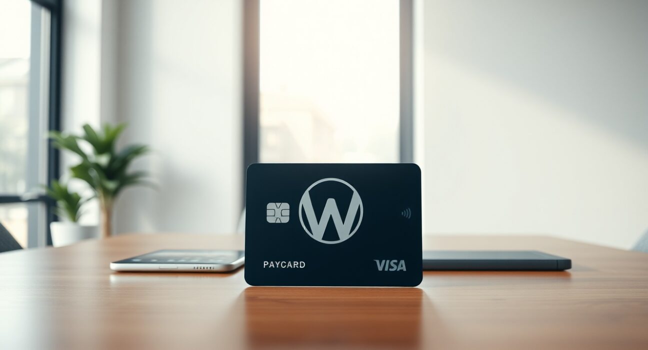 A digital payment card on a desk in a modern office, representing Wirex's shift to stablecoin banking services.