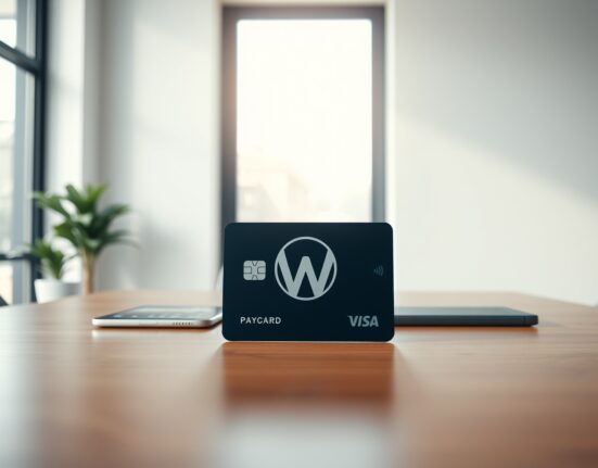A digital payment card on a desk in a modern office, representing Wirex's shift to stablecoin banking services.