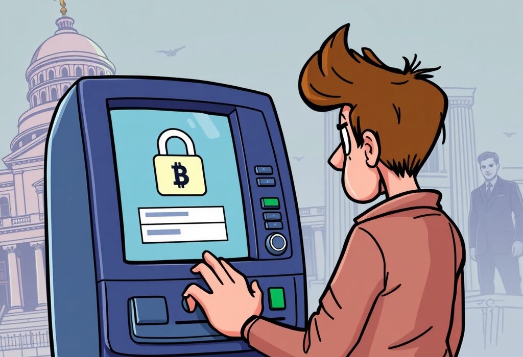 A cartoon illustration depicting the impact of new Wisconsin KYC regulations on Bitcoin ATMs, showing a person interacting with an ATM under watchful eyes.