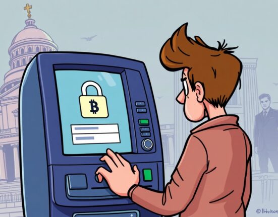 A cartoon illustration depicting the impact of new Wisconsin KYC regulations on Bitcoin ATMs, showing a person interacting with an ATM under watchful eyes.