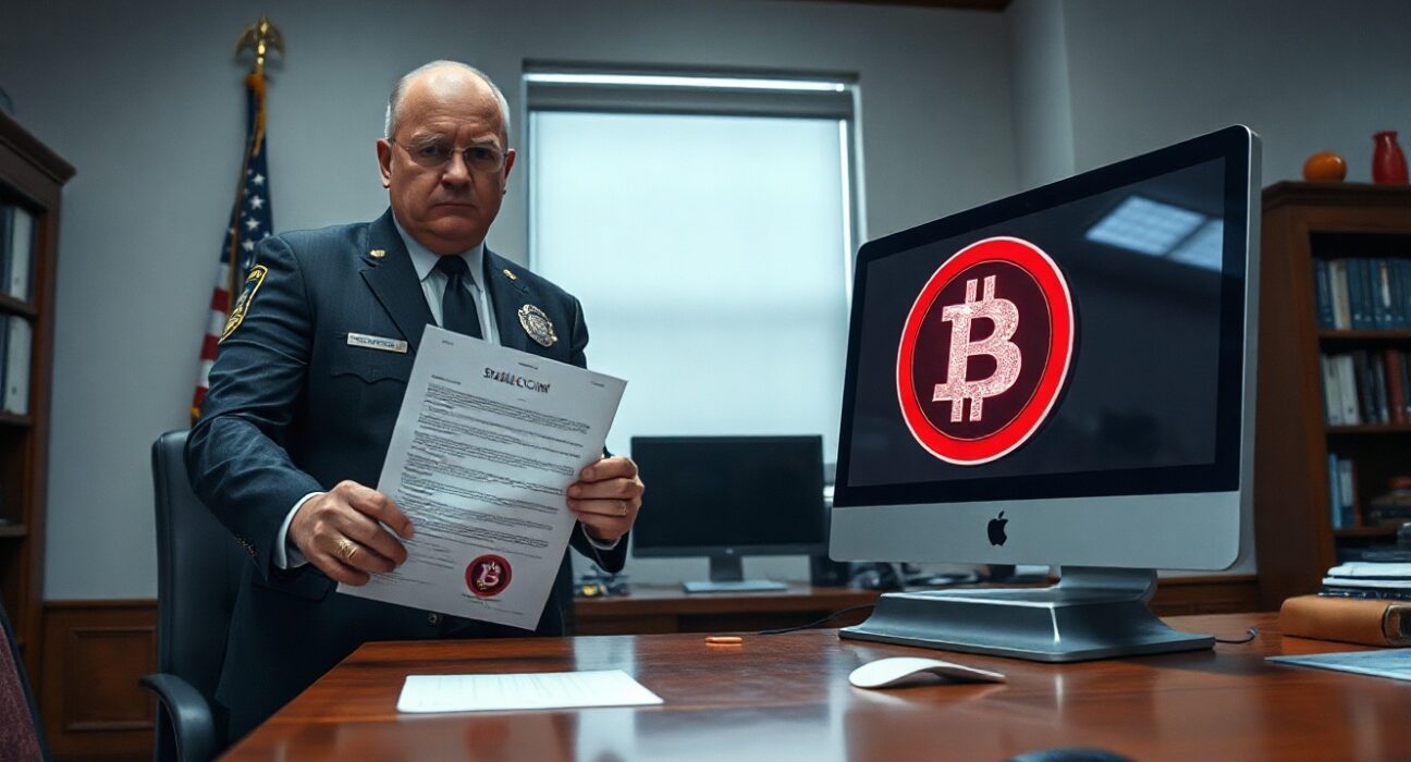 Law enforcement officer with document and computer screen showing frozen stablecoin interface