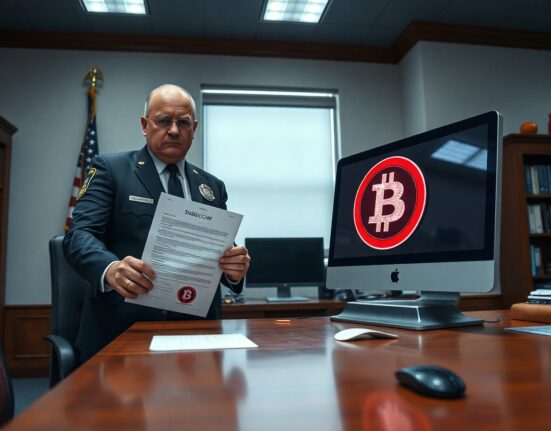 Law enforcement officer with document and computer screen showing frozen stablecoin interface