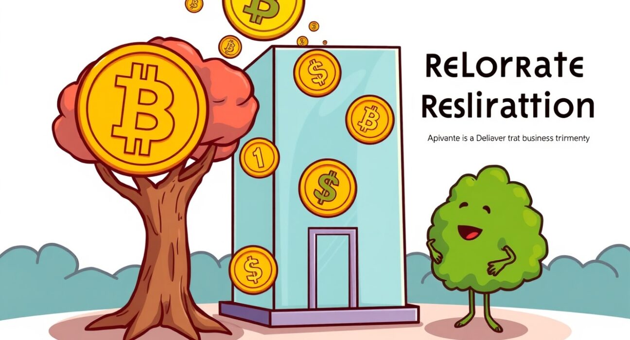 A cartoon illustration showing the registration of the WisdomTree CoinDesk 20 Fund entity, with crypto symbols flowing into a corporate building.