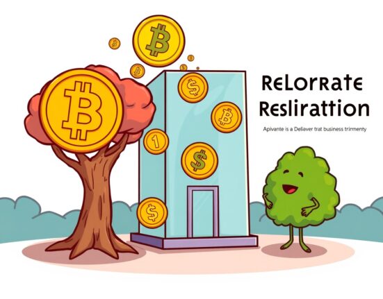 A cartoon illustration showing the registration of the WisdomTree CoinDesk 20 Fund entity, with crypto symbols flowing into a corporate building.