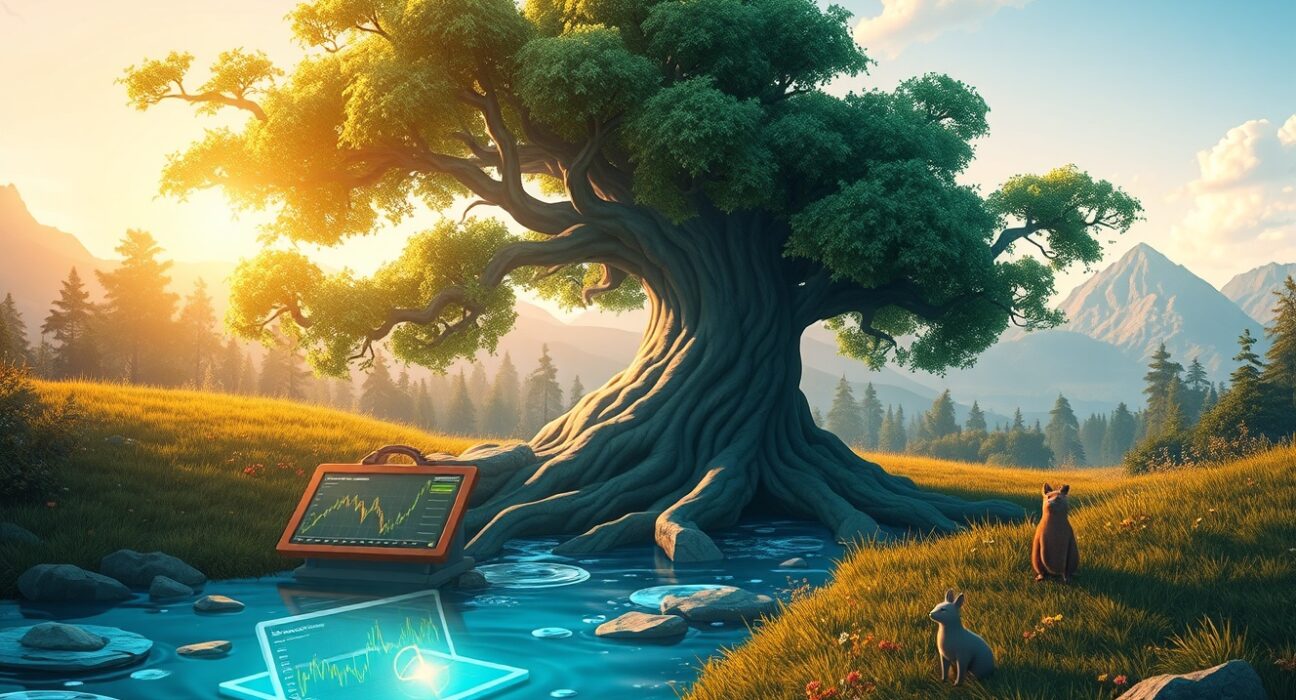 WisdomTree cryptocurrency assets under management growth visualized through digital tree roots and financial streams