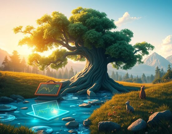 WisdomTree cryptocurrency assets under management growth visualized through digital tree roots and financial streams