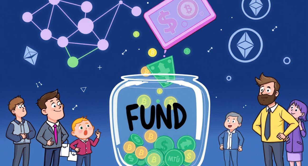 A cartoon illustration showing the accessibility of WisdomTree's tokenized fund, bridging traditional finance with blockchain technology.