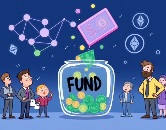 A cartoon illustration showing the accessibility of WisdomTree's tokenized fund, bridging traditional finance with blockchain technology.