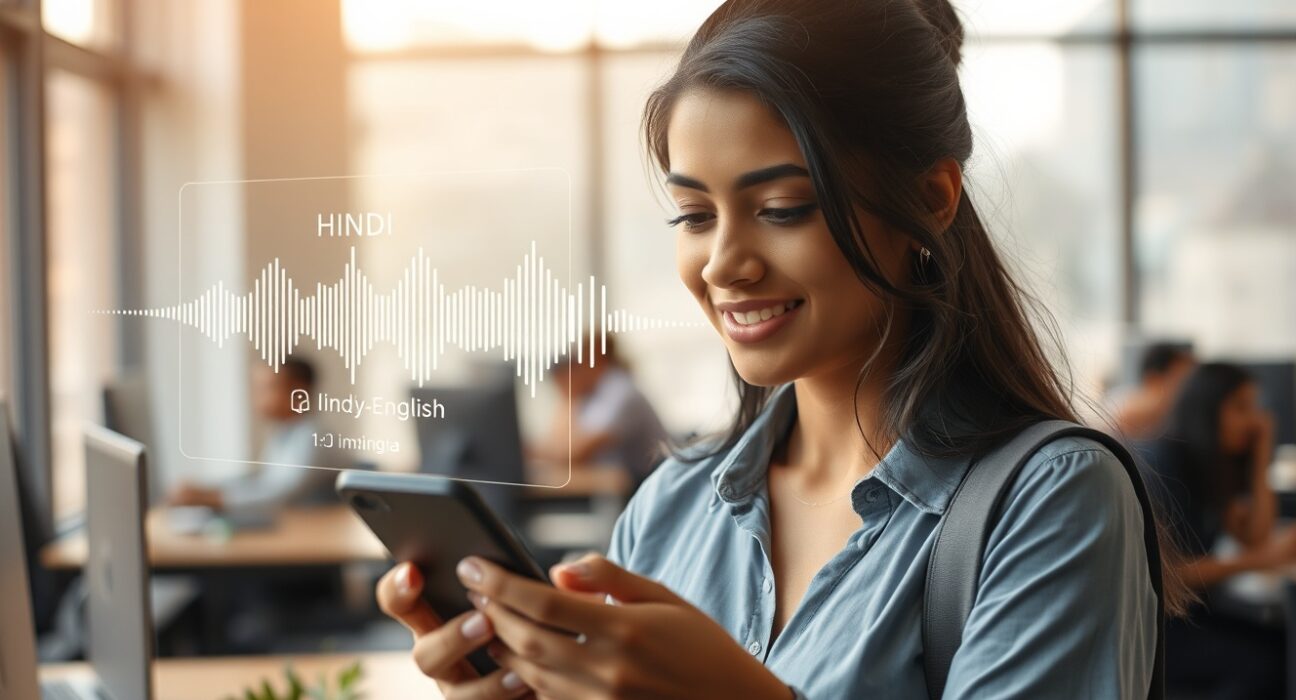 Indian woman using Wispr Flow voice AI on smartphone in Bengaluru co-working space