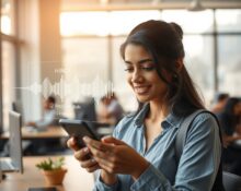 Indian woman using Wispr Flow voice AI on smartphone in Bengaluru co-working space