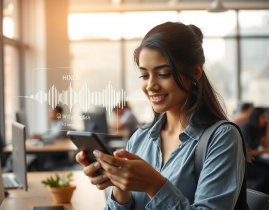 Indian woman using Wispr Flow voice AI on smartphone in Bengaluru co-working space