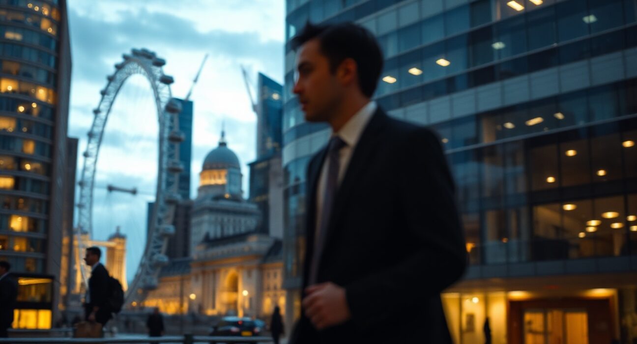 Silhouette of a person in a suit walking past London financial buildings at dusk, representing an ongoing financial investigation.