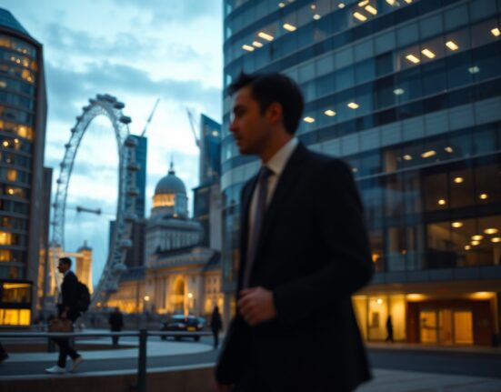 Silhouette of a person in a suit walking past London financial buildings at dusk, representing an ongoing financial investigation.