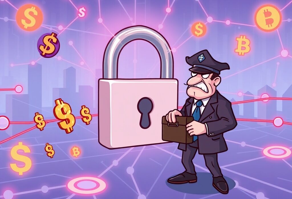 Cartoon depicting the impact of WLFI blacklisting on digital assets, with a figure attempting to unfreeze funds.