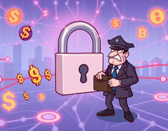 Cartoon depicting the impact of WLFI blacklisting on digital assets, with a figure attempting to unfreeze funds.