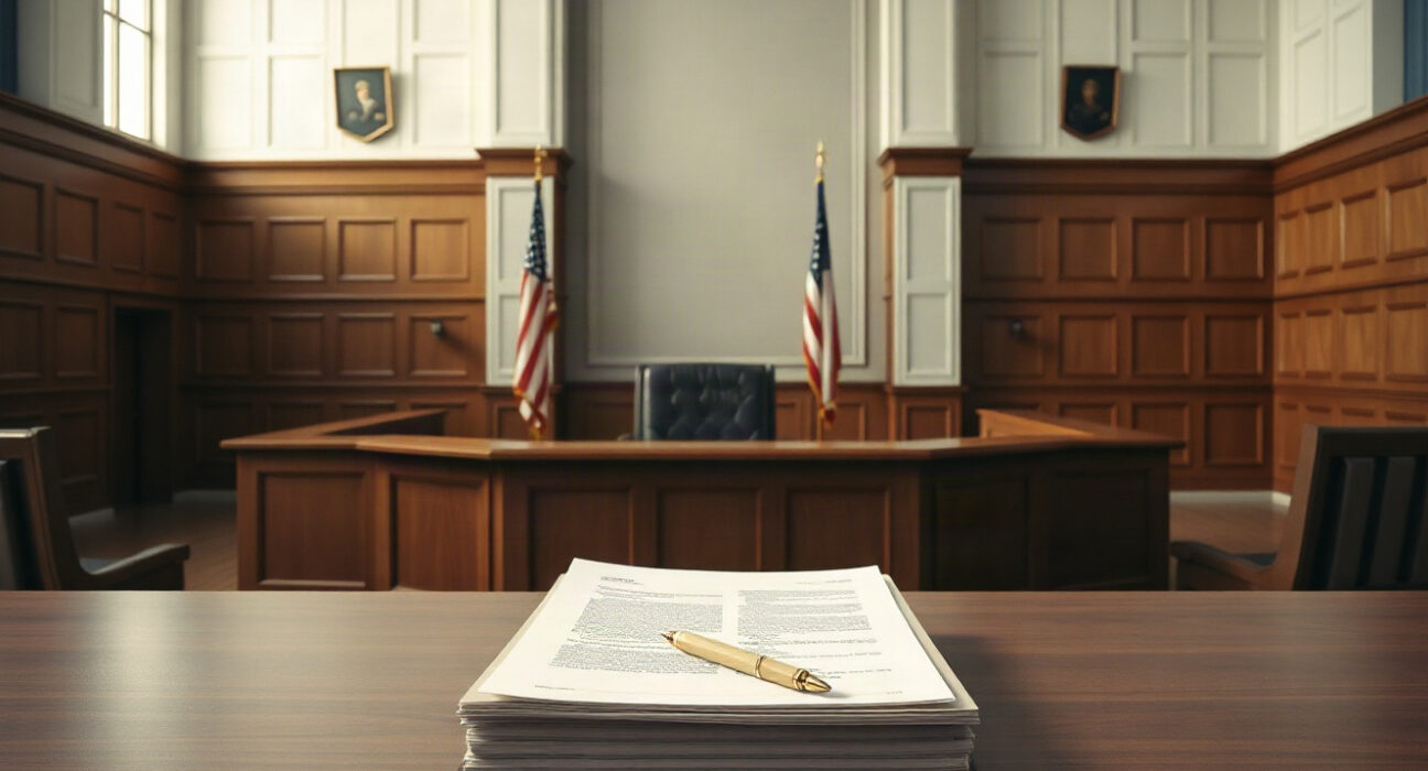 Courtroom interior with judge's bench and American flag, representing the WLFI vs. Justin Sun legal dispute.