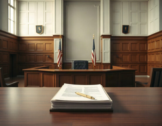Courtroom interior with judge's bench and American flag, representing the WLFI vs. Justin Sun legal dispute.