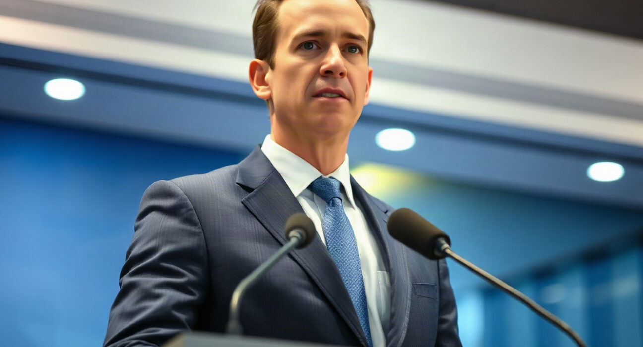 Zach Witkoff, CEO of World Liberty Financial, speaking at a press conference, denying conflict of interest allegations.